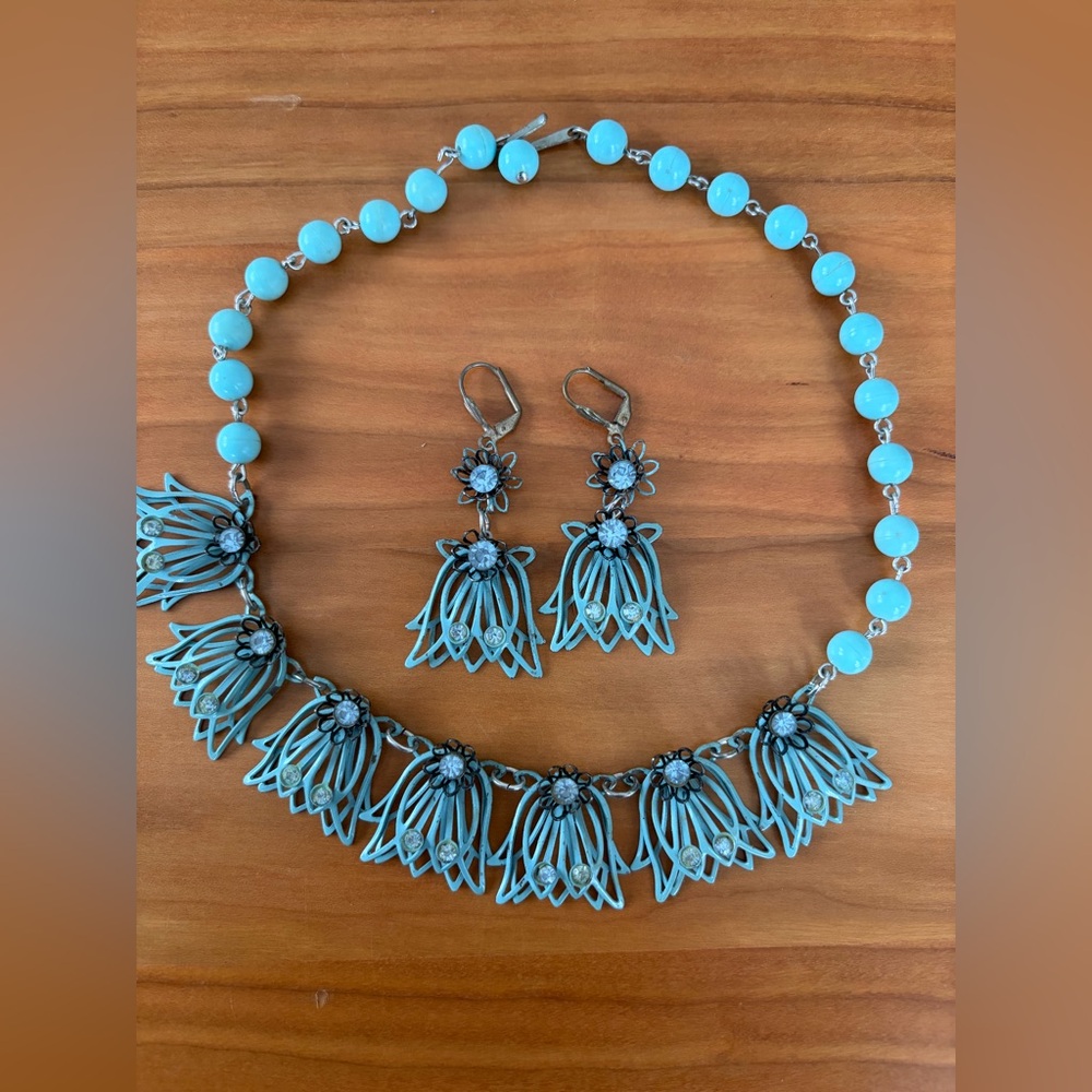 Vintage Japan Blue Enamel Fringe Necklace and Earring Set